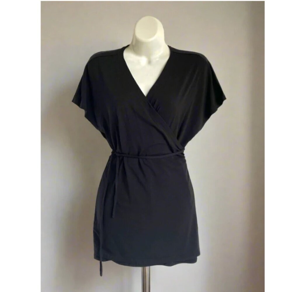 Eileen Fisher Wrap Top Medium Black V-Neck Short Sleeve Jersey Boxy Blouse Ties